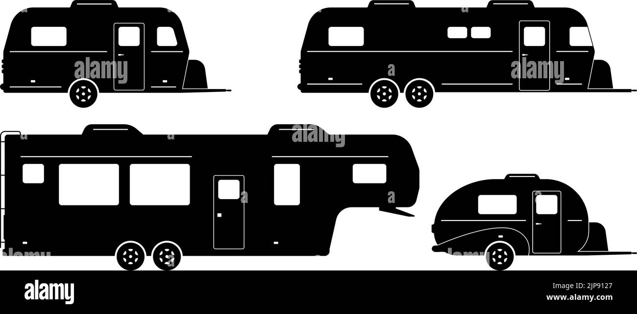 Camping trailers silhouette on white background. RV icons set view from side. Stock Vector