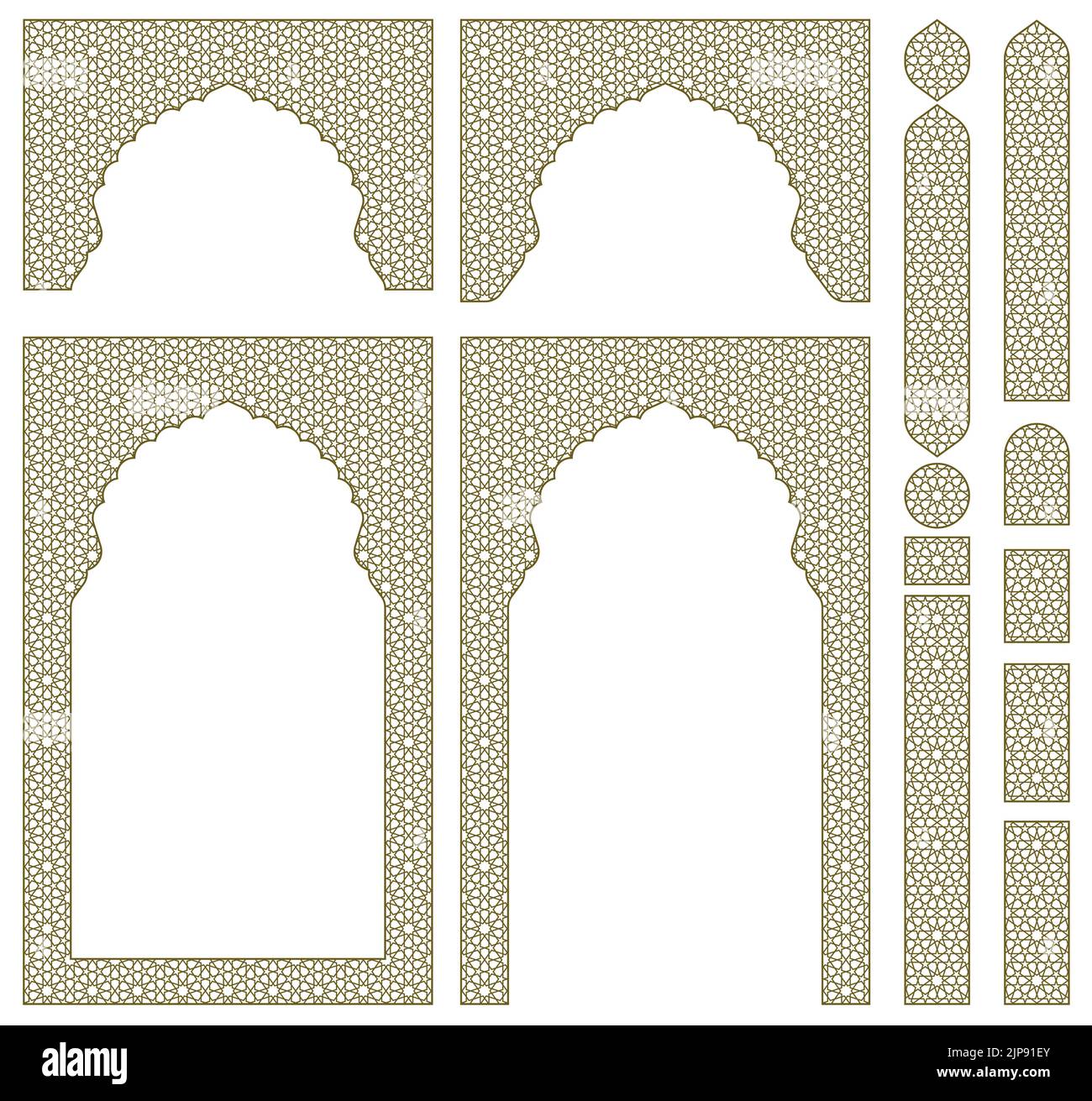 Arches, frames and additional design elements. Arabic geometric ornament.Brown color. Stock Vector