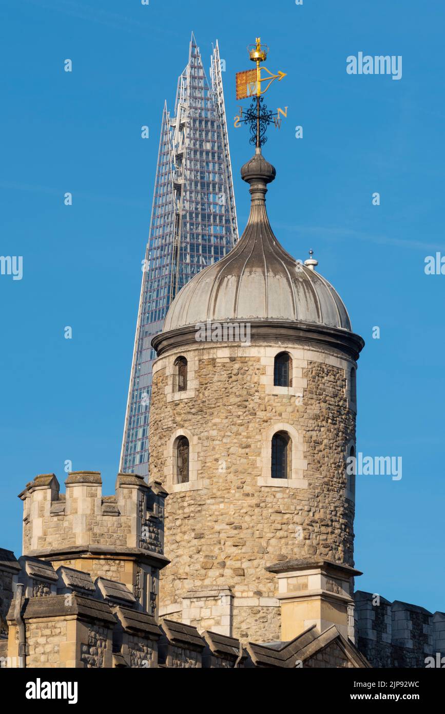 London's new City skyline behind ancient Tower of London. The Shard