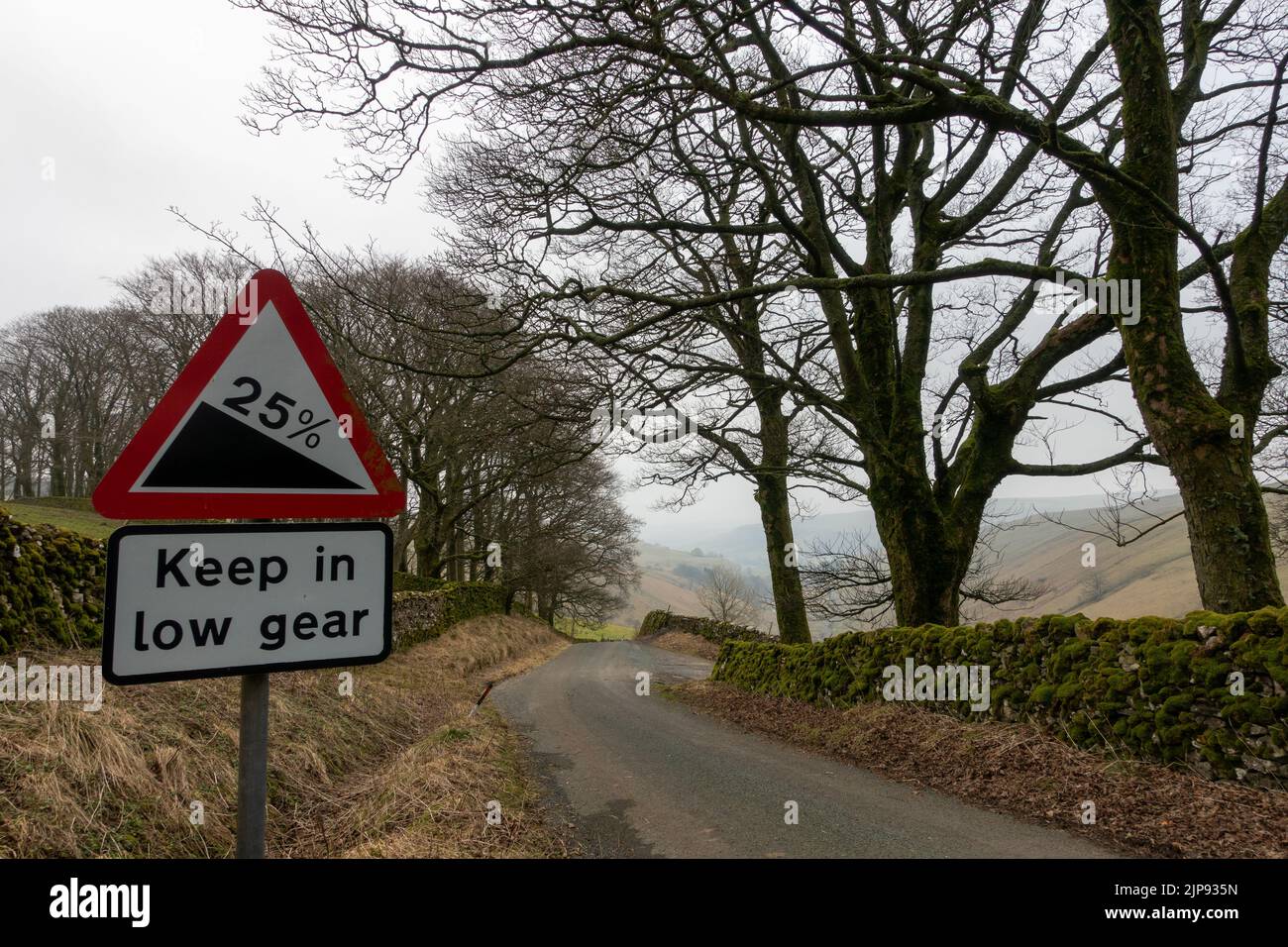Looking down the infamous hill of Park Rash from the 25% percent gradient road sign, Keep in low gear, Yorkshire Dales National Park, North Yorkshire, Stock Photo