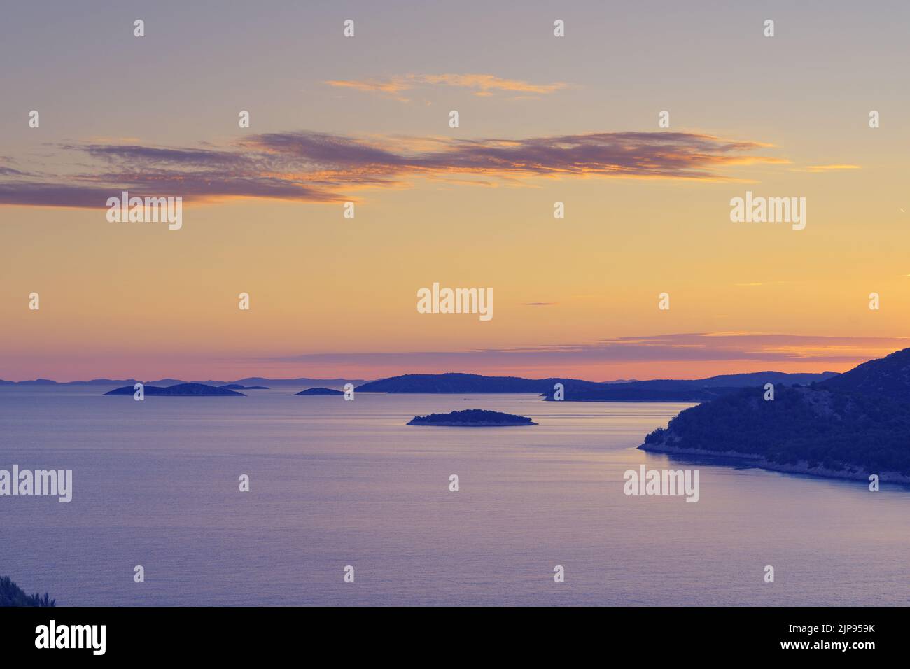Islands of Kornati national park, aerial view of Adriatic archipelago after sunset. Tourism, travel destinations and environment concepts Stock Photo