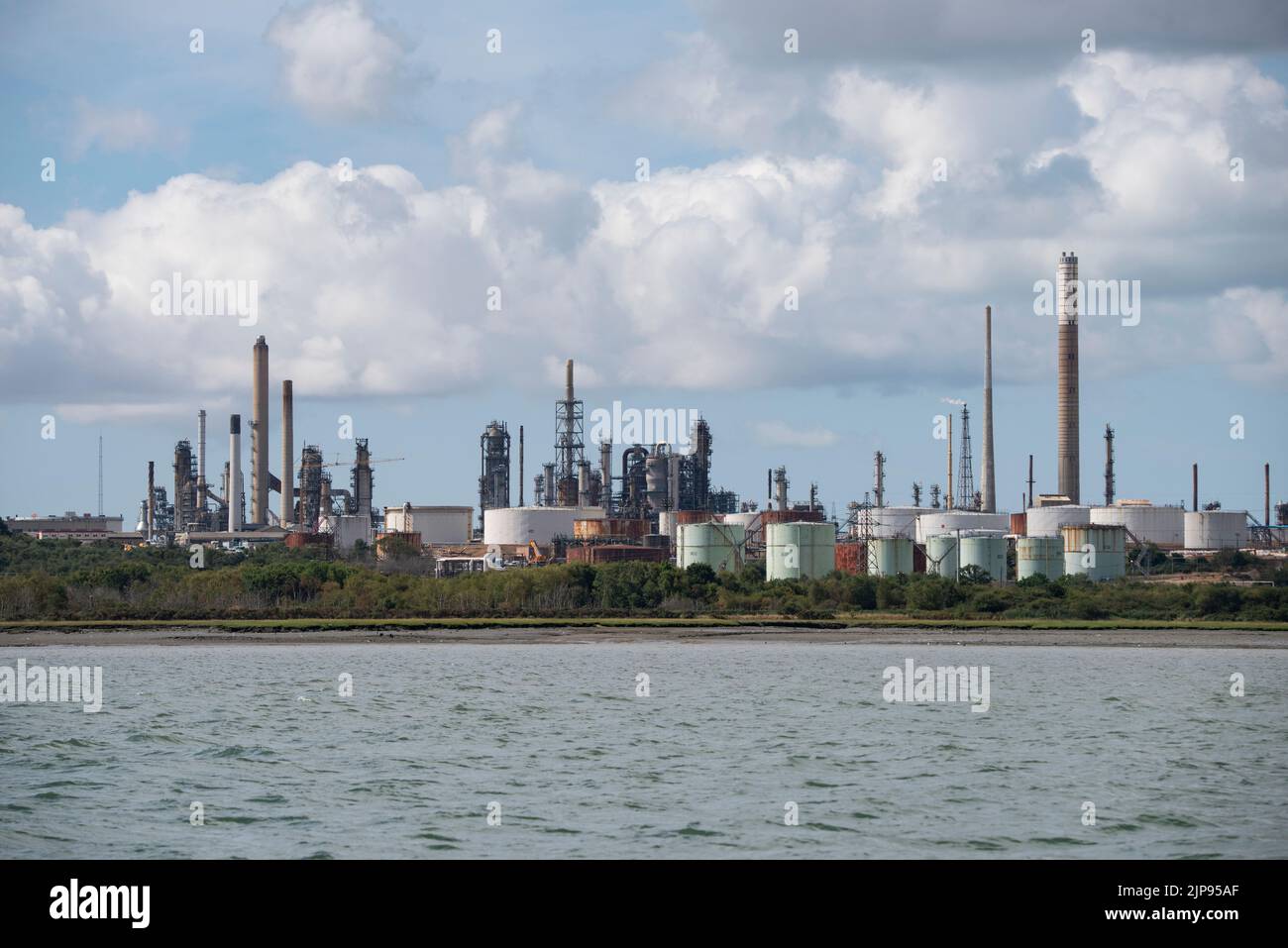 The huge oil refining and petroleum storage complex at Fawley sits close to Southampton Water on the South coast of England Stock Photo