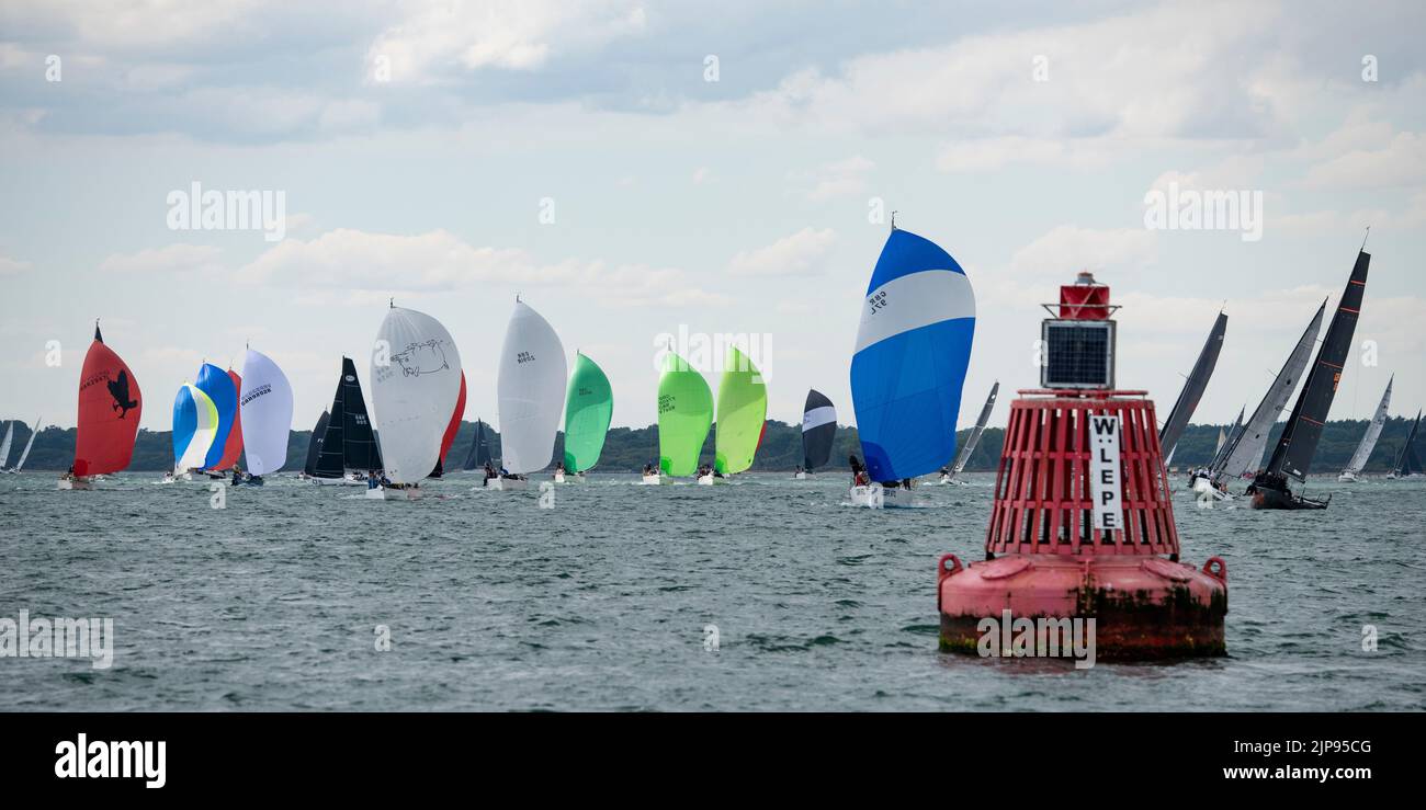 Competitors in a Cowes Regatta yacht race approaching the Lepe buoy turn Stock Photo
