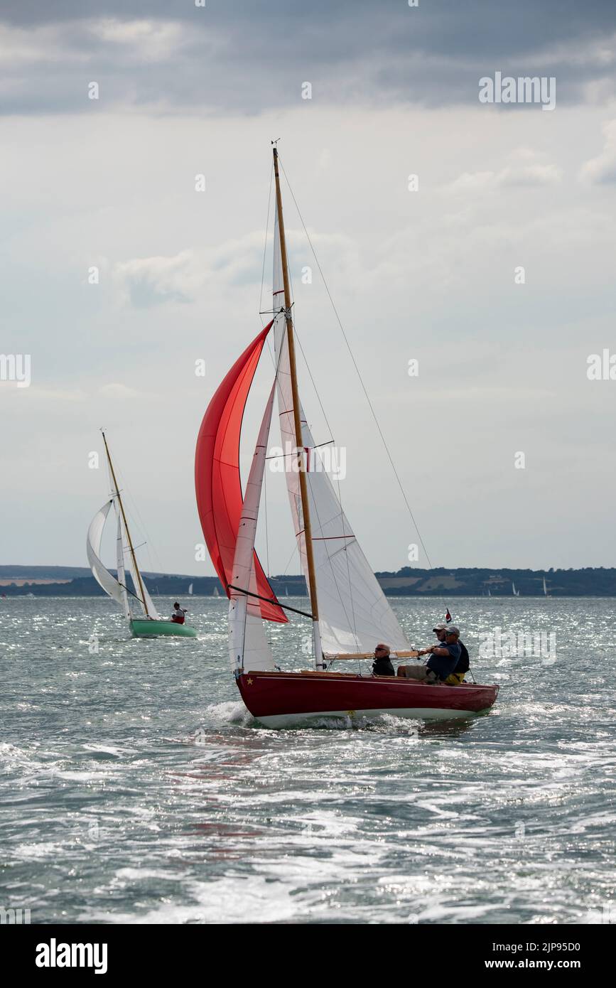 A lovely summer day for competing in an X Class sailboatt race in the Solent along the South coast of England during the Cowes Week regatta. Stock Photo