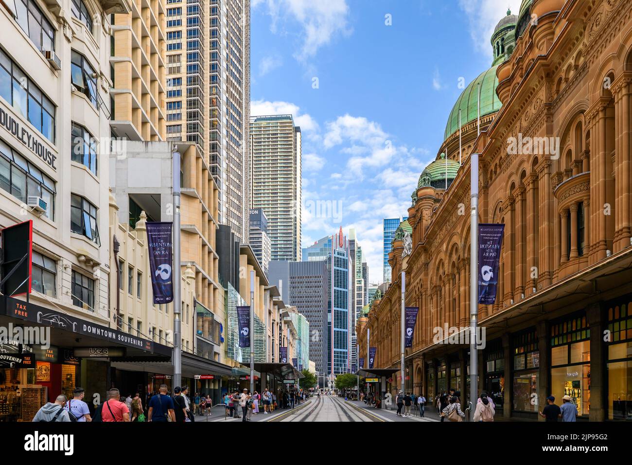 Sydney, Australia - April 16, 2022: George street viewed towards South with the Sydney Queen Victoria Building on the right and modern skyscrapers can Stock Photo