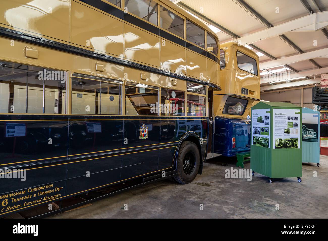 Vintage buses on display at The Transport Museum in Wythall, Worcestershire, England. Stock Photo