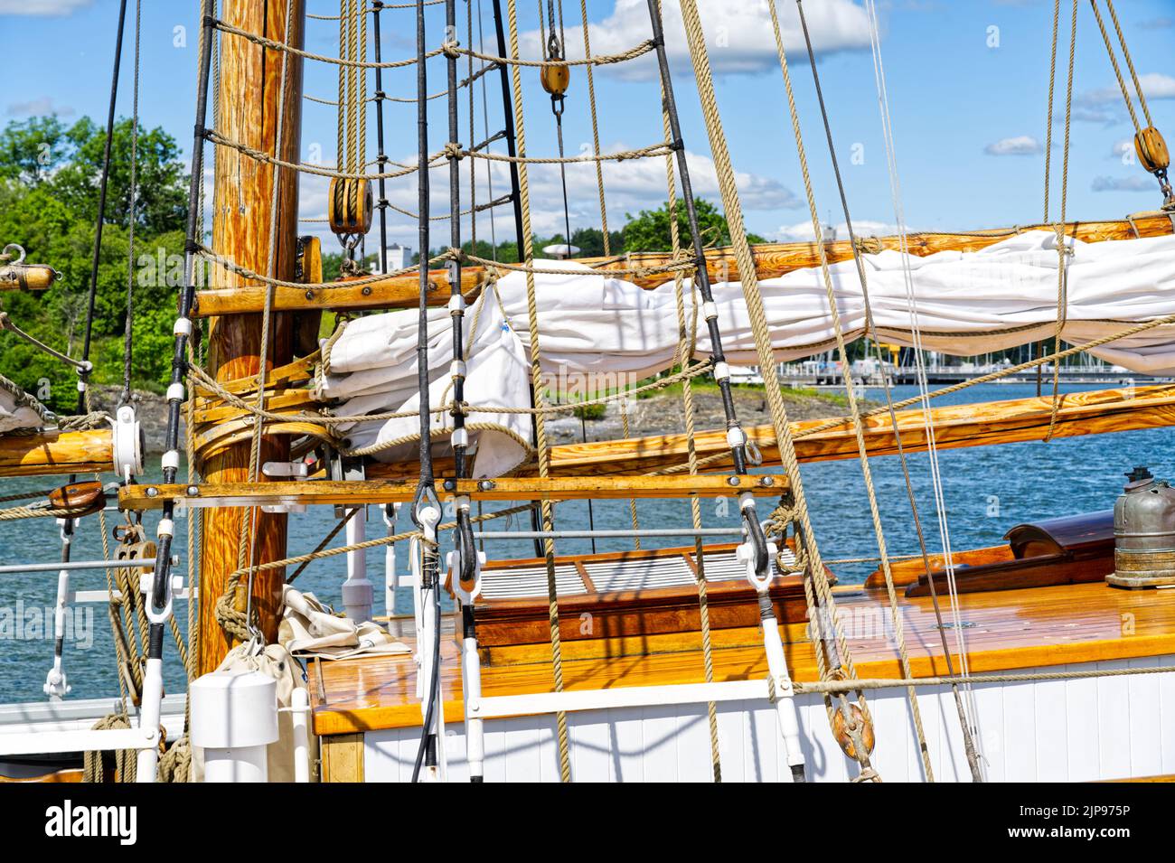 Detail of wooden ship mast with pulley and spar marine industry Stock ...