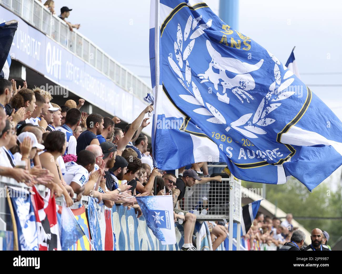 Supporters of Auxerre during the French championship Ligue 1 football match between AJ Auxerre (AJA) and Angers SCO on August 14, 2022 at Stade Abbe Deschamps in Auxerre, France - Photo: Jean Catuffe/DPPI/LiveMedia Stock Photo