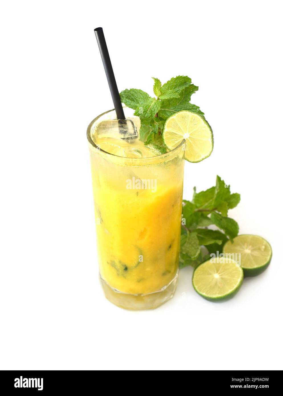 Mango mojito in highball glass with sliced lime isolated on white