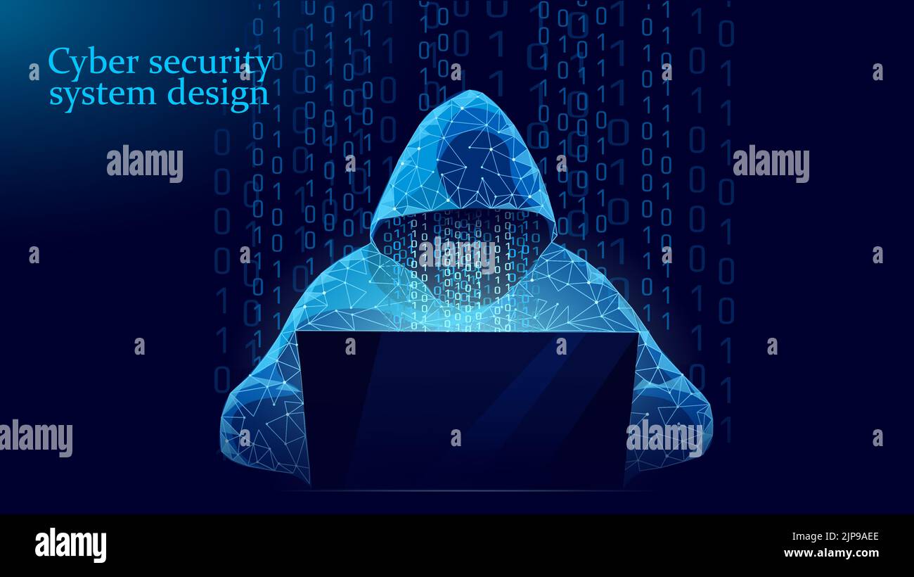 Anonymous hacker at the laptop computer Internet security. Cyber attack business concept low poly. Server polygonal point line design vector Stock Vector