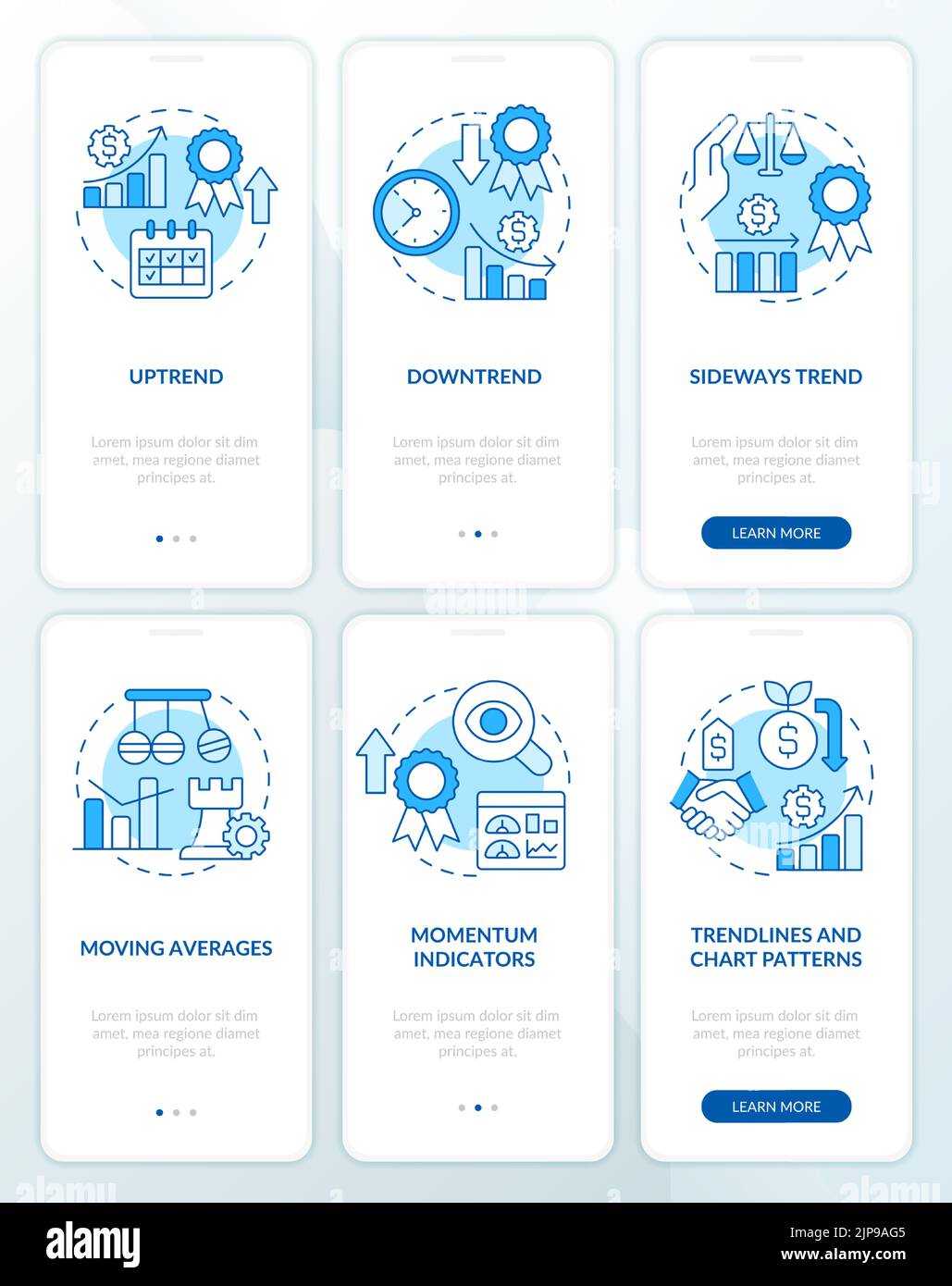 Types of trends blue onboarding mobile app screen set Stock Vector ...