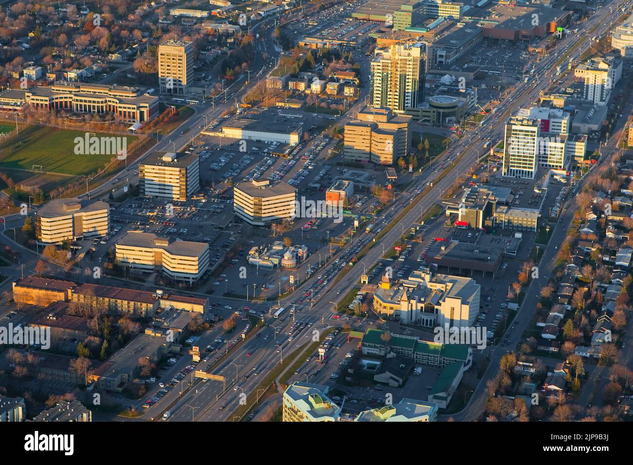 The Ste-Foy distric downtown in Quebec city is pictured in this aerial photo November 11, 2009. In this picture can be seen the Boulevard Laurier, the complexe Jules-Dallaire, Place Laurier Shopping mall, Tour Cominar tower, Place de La Cite, Complexe Delta and Place Ste-Foy. Stock Photo