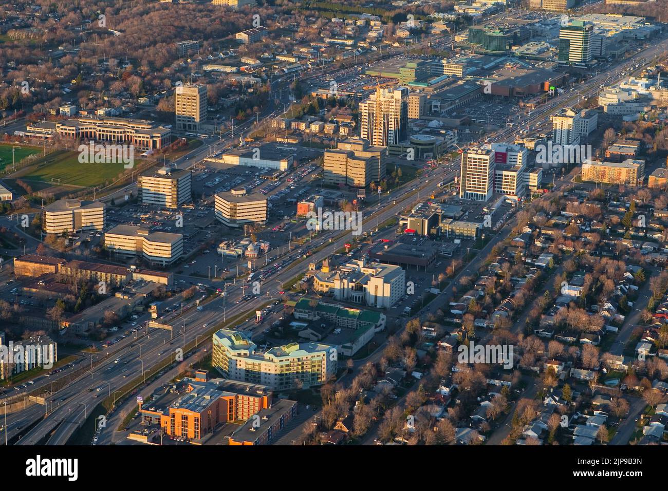 The Ste-Foy distric downtown in Quebec city is pictured in this aerial photo November 11, 2009. In this picture can be seen the Boulevard Laurier, the complexe Jules-Dallaire, Place Laurier Shopping mall, Tour Cominar tower, Place de La Cite, Complexe Delta and Place Ste-Foy. Stock Photo