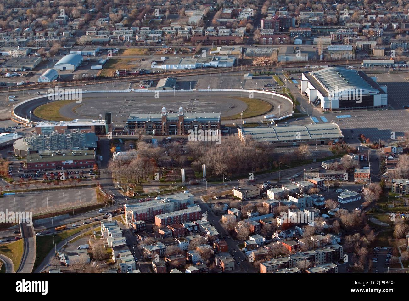 ExpoCite in Quebec city is pictured in this aerial photo November 11, 2009. In this picture can be seen the Colisee Pepsi, Pavillon de la Jeunesse and the Hippodrome de Quebec racetrack. Stock Photo