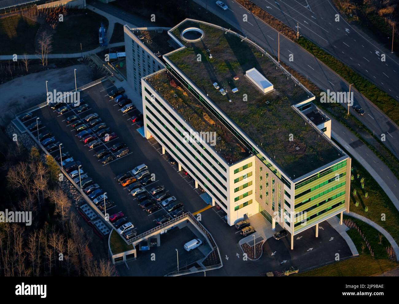 Edifice Promutuel in Quebec city is pictured in this aerial photo November 11, 2009. The Promutuel building, also known as the Place de l'Escarpement, is a LEED Canada-NC 1.0 registered building with a green roof. Stock Photo