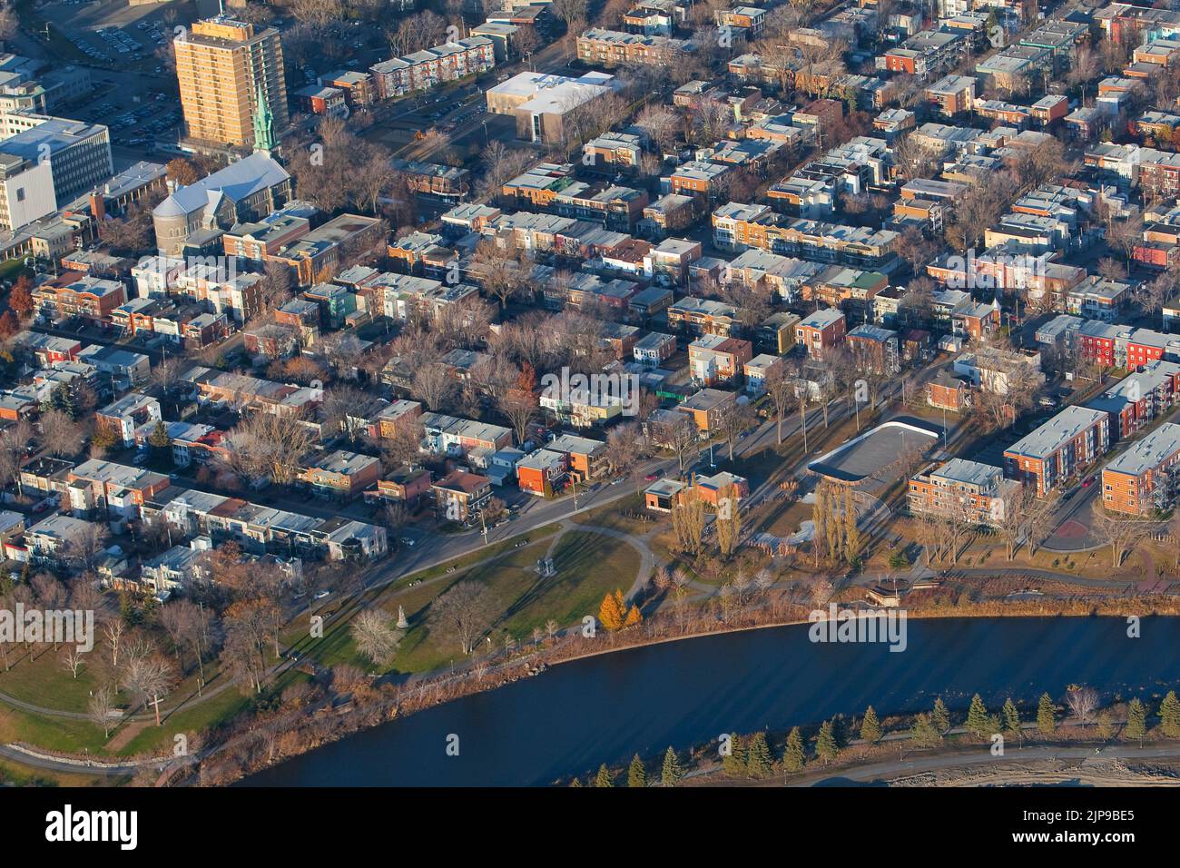 Quartier Limoilou district in Quebec city is pictured in this aerial photo November 11, 2009. Known as a blue collars neighbourhood, the gridded pattern layout district is the second oldest in terms of architecture and second most densely populated borough. Stock Photo