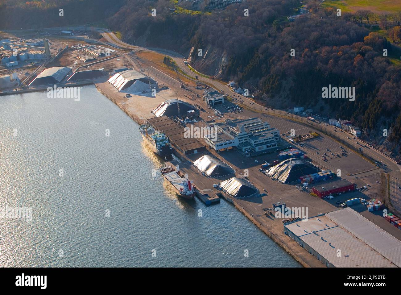 The anse-au-Foulon area of the Quebec city port is  pictured in this aerial photo November 11, 2009. This area deserves the Coop Federee, MidAtlantic Minerals Terminal, Logistec, and Canadian Salt Corporation. Stock Photo
