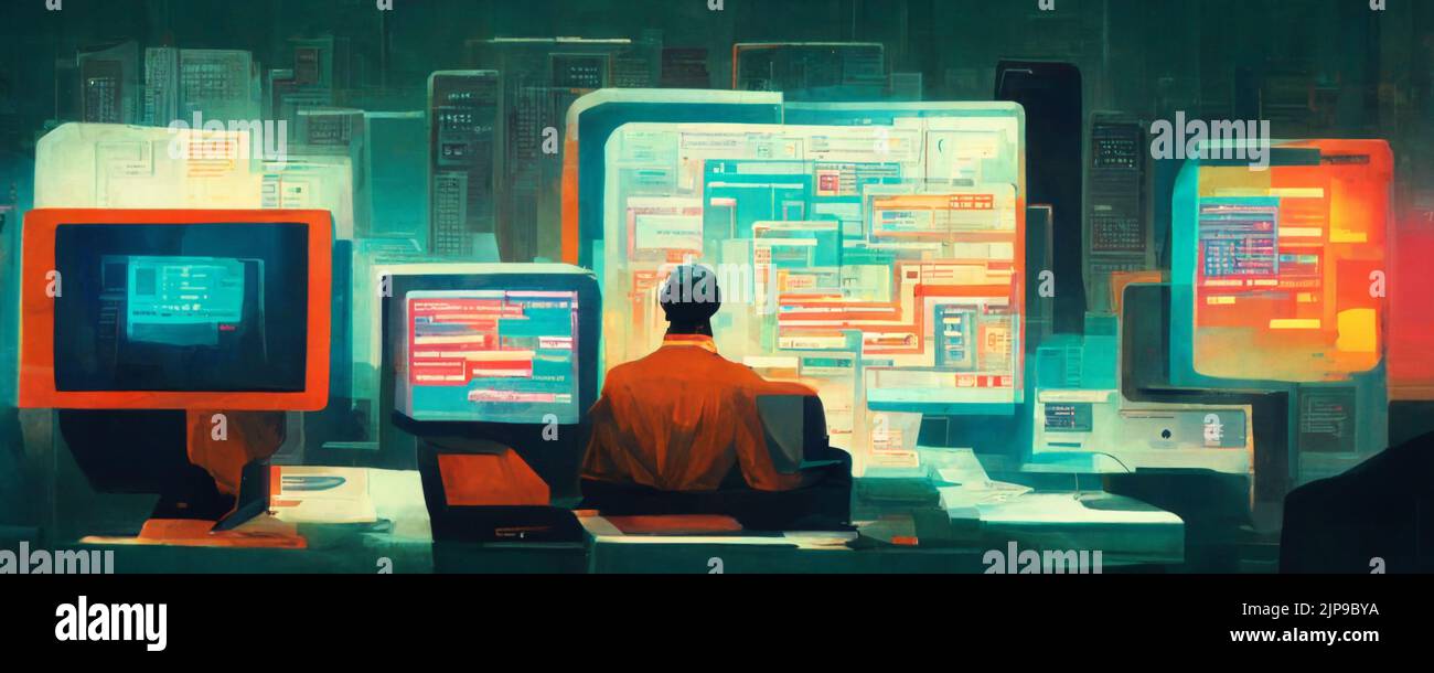 illustration of an IT person working with painting style Stock Photo ...