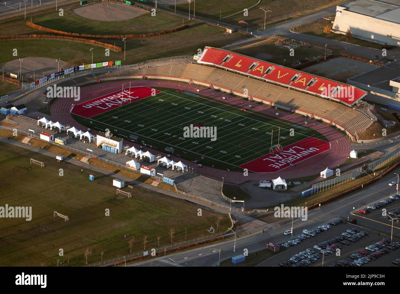 Stade du PEPS de L'universite Laval stadium in Quebec city is pictured in this aerial photo November 11, 2009. The Stade du PEPS is the home of the Rouge et Or Football team and will host the Vanier Cup for 2009 and 2010. Stock Photo