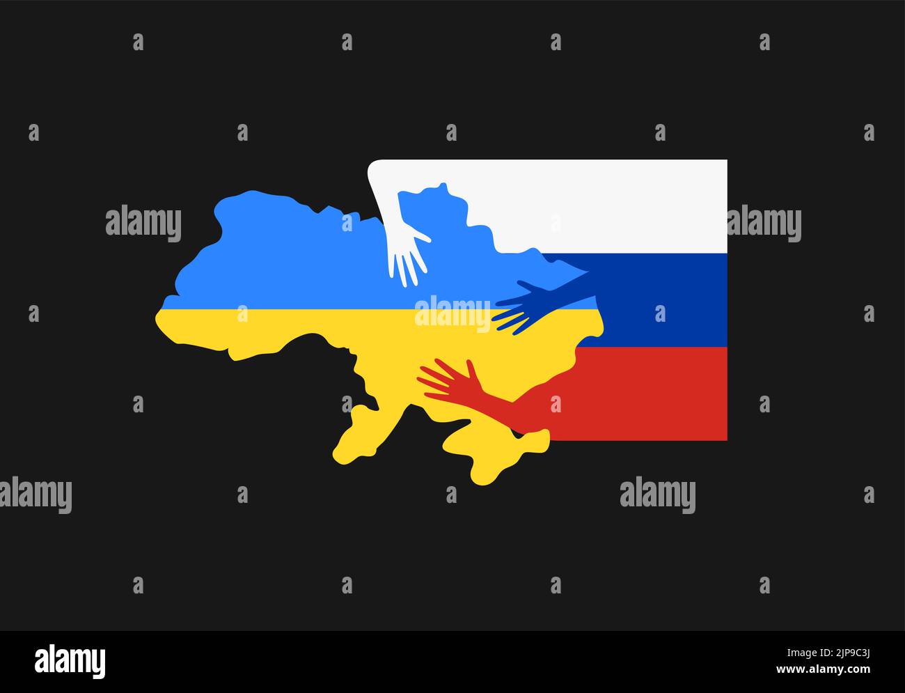 Russian aggression against Ukraine. Caricature picture of Ukraine map in clutches of Russian flag. Graphic for poster, flag, news, infographic, logo Stock Vector