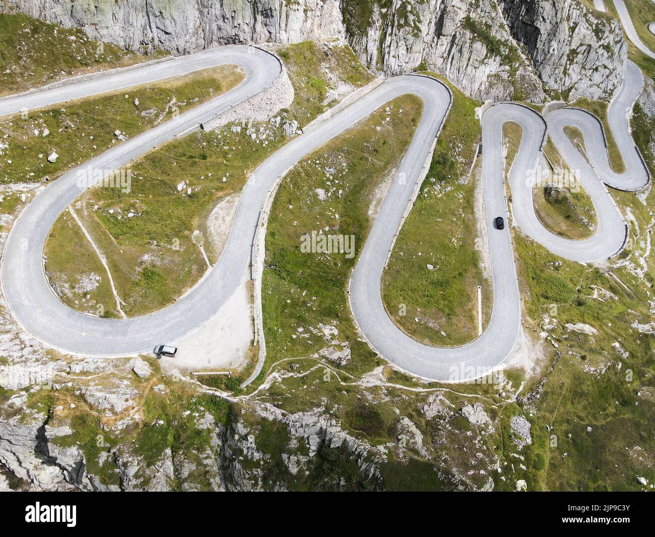 Drone view at Tremola the old road to Gotthard pas…