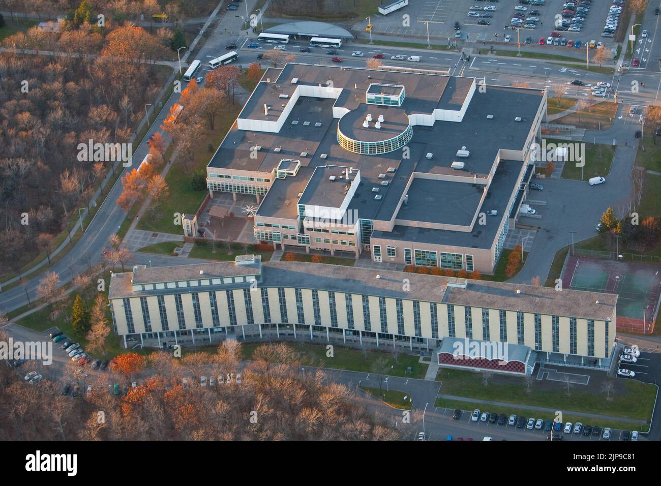 The Pavillon Desjardin (top) and a student residence of the Universite Laval university in Quebec city is pictured in this aerial photo November 11, 2009. Universite Laval is the oldest centre of education in Canada, and was the first institution in North America to offer higher education in French. Stock Photo