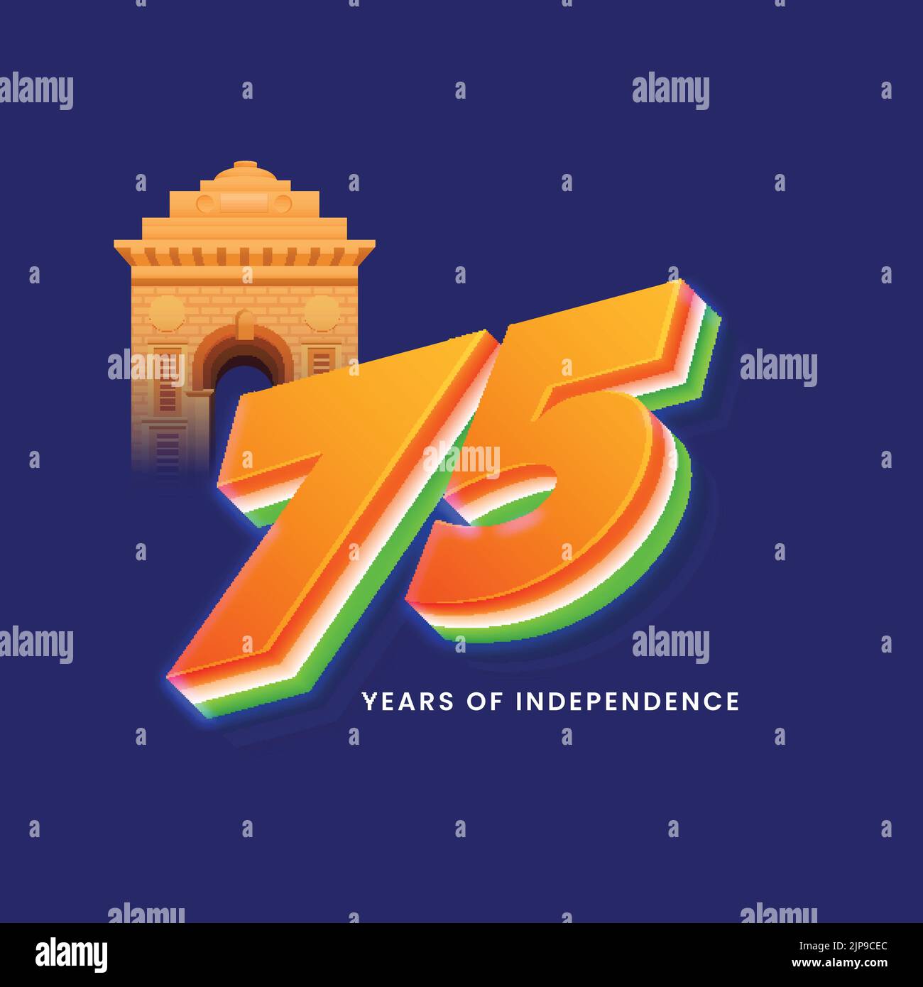 75 Years of Indian Independence Day Celebration Concept with Tri-Colors and India Gate, Monument in rememberence of Martyrs on Blue Background. Stock Vector