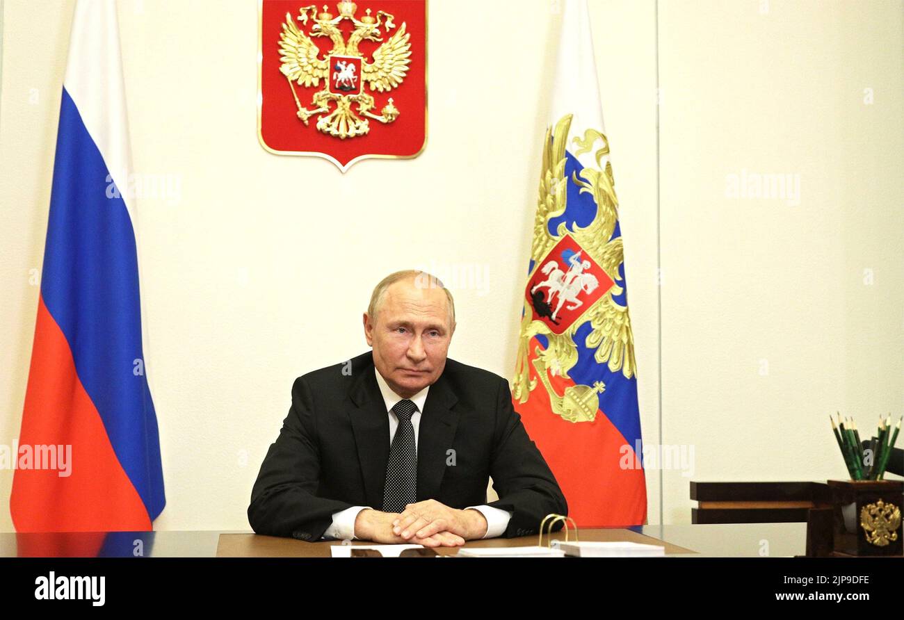Moscow, Russia. 16th Aug, 2022. Russian President Vladimir Putin delivers an address via video link to the 10th Moscow Conference on International Security, August 16, 2022 in Moscow, Russia. Credit: Mikhail Klimentyev/Kremlin Pool/Alamy Live News Stock Photo