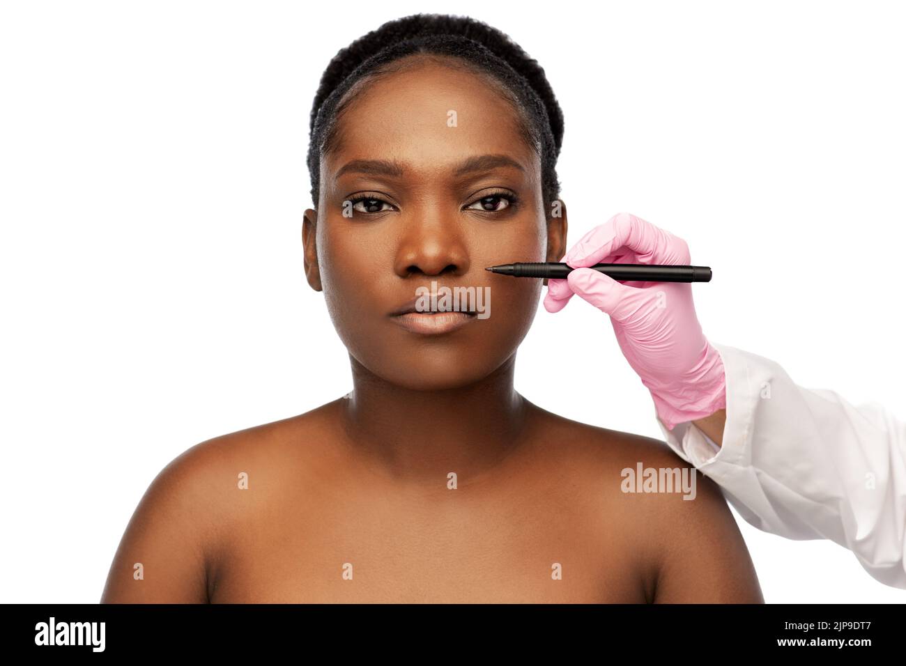face of african woman and hand with marker Stock Photo