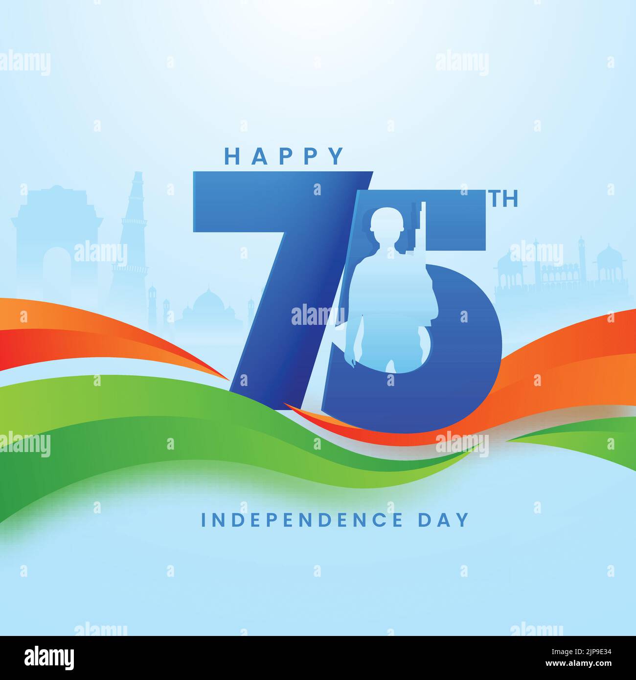 75 Years of Indian Independence Day Celebration Concept with Soldier Illustration and Saffron and Green Waves on Famous Monuments Background. Stock Vector