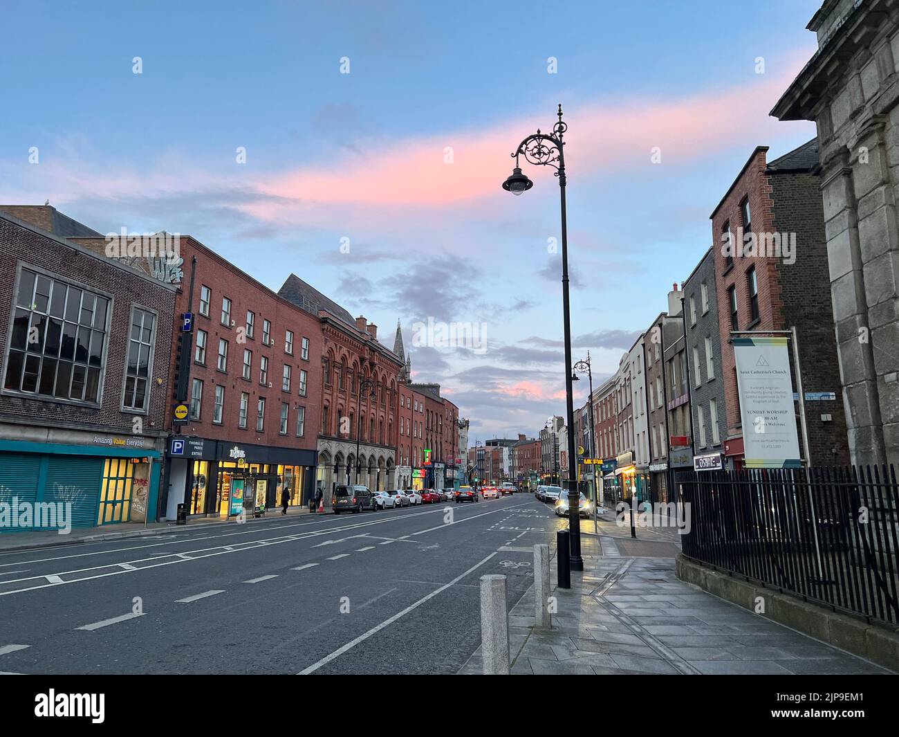 A scenic view of the street in Dublin, Ireland at sunset Stock Photo