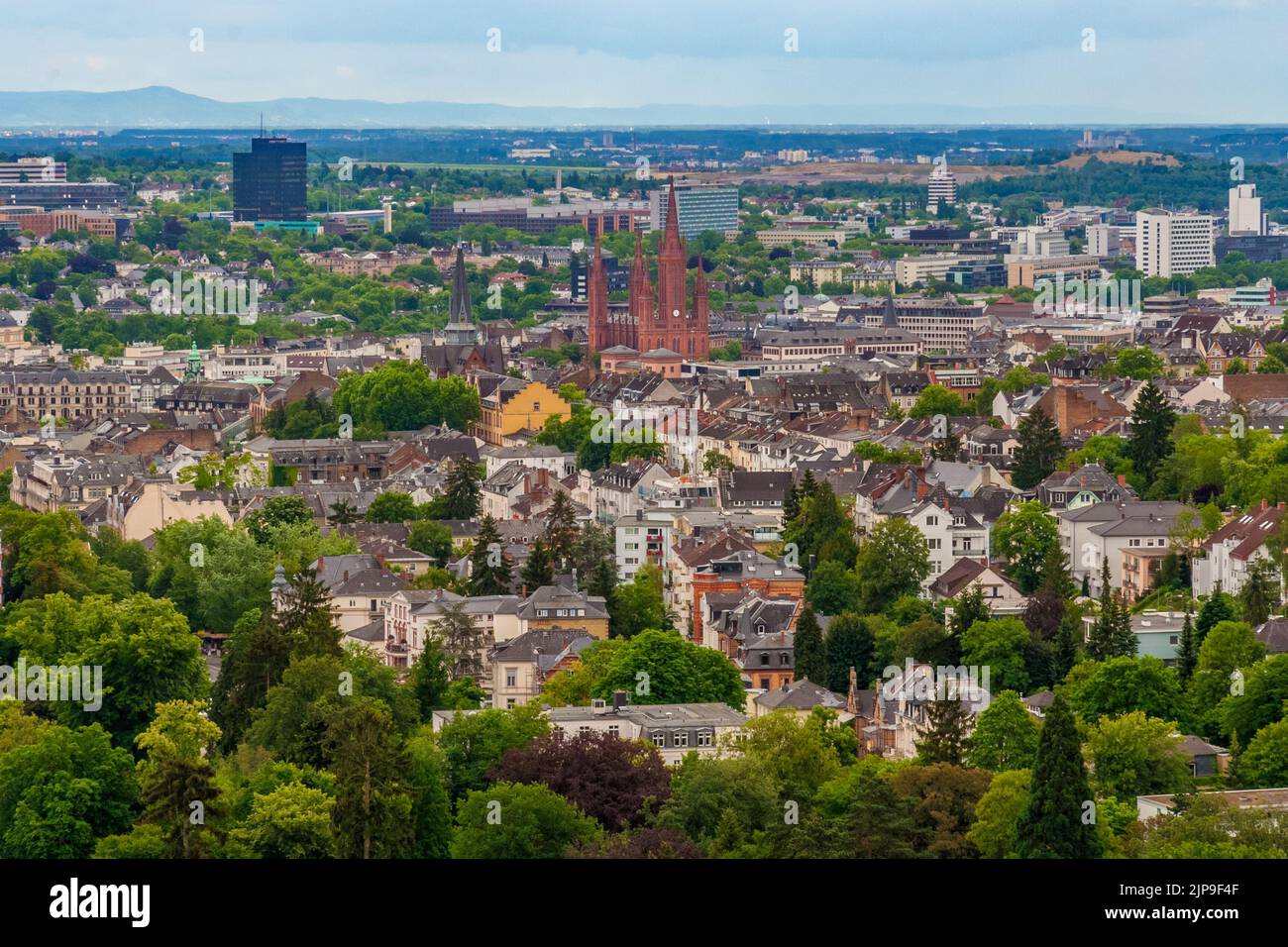 Great panoramic view of the historic Old Town of Wiesbaden, state capital of Hesse, Germany, with the famous neo-Gothic red all-brick Marktkirche... Stock Photo