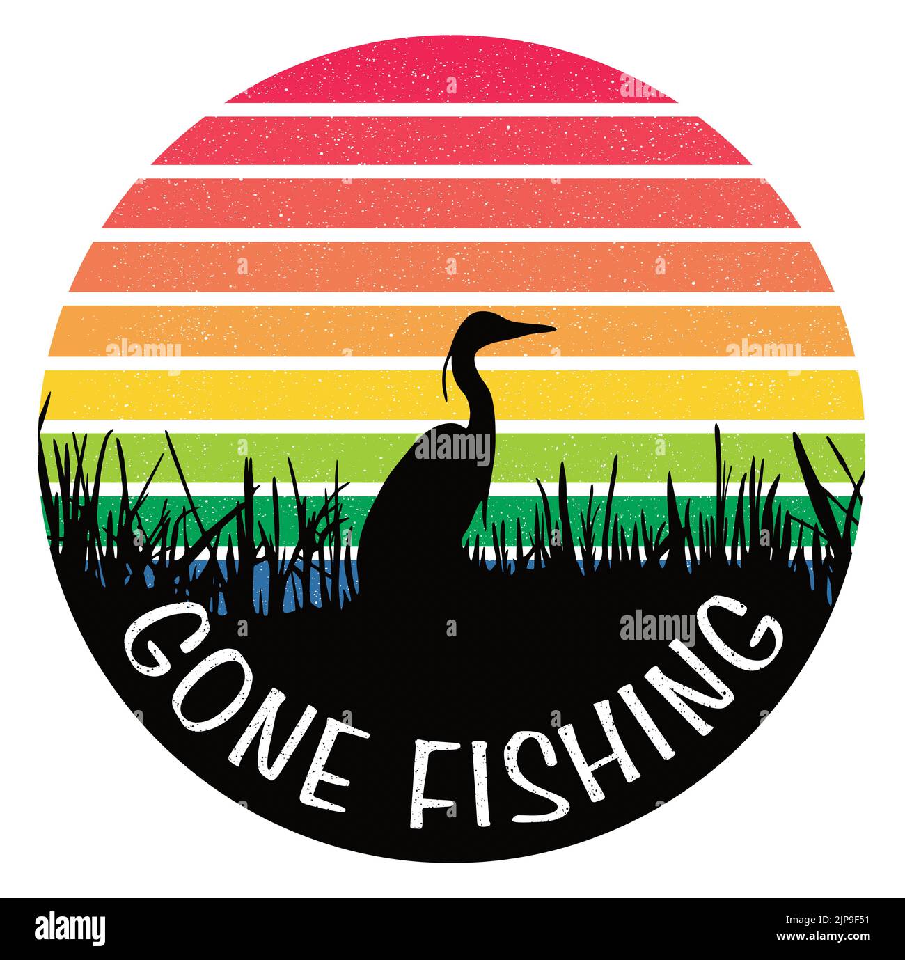 Graphic illustration of a grey heron in the reeds silhouetted against a stylised sunset or sunrise, with the caption 'gone fishing' Stock Photo