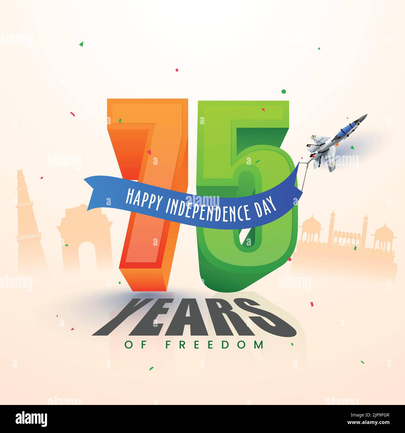 75 Years of Indian Independence Day Celebration Concept with Fighter Jet on Famous Monuments Background. Stock Vector