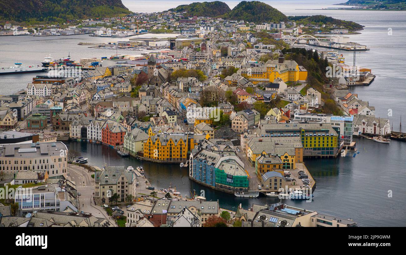 Ålesund is a port town on the west coast of Norway, at the entrance to the Geiranger fjord. It’s known for the art nouveau architectural style in whic Stock Photo