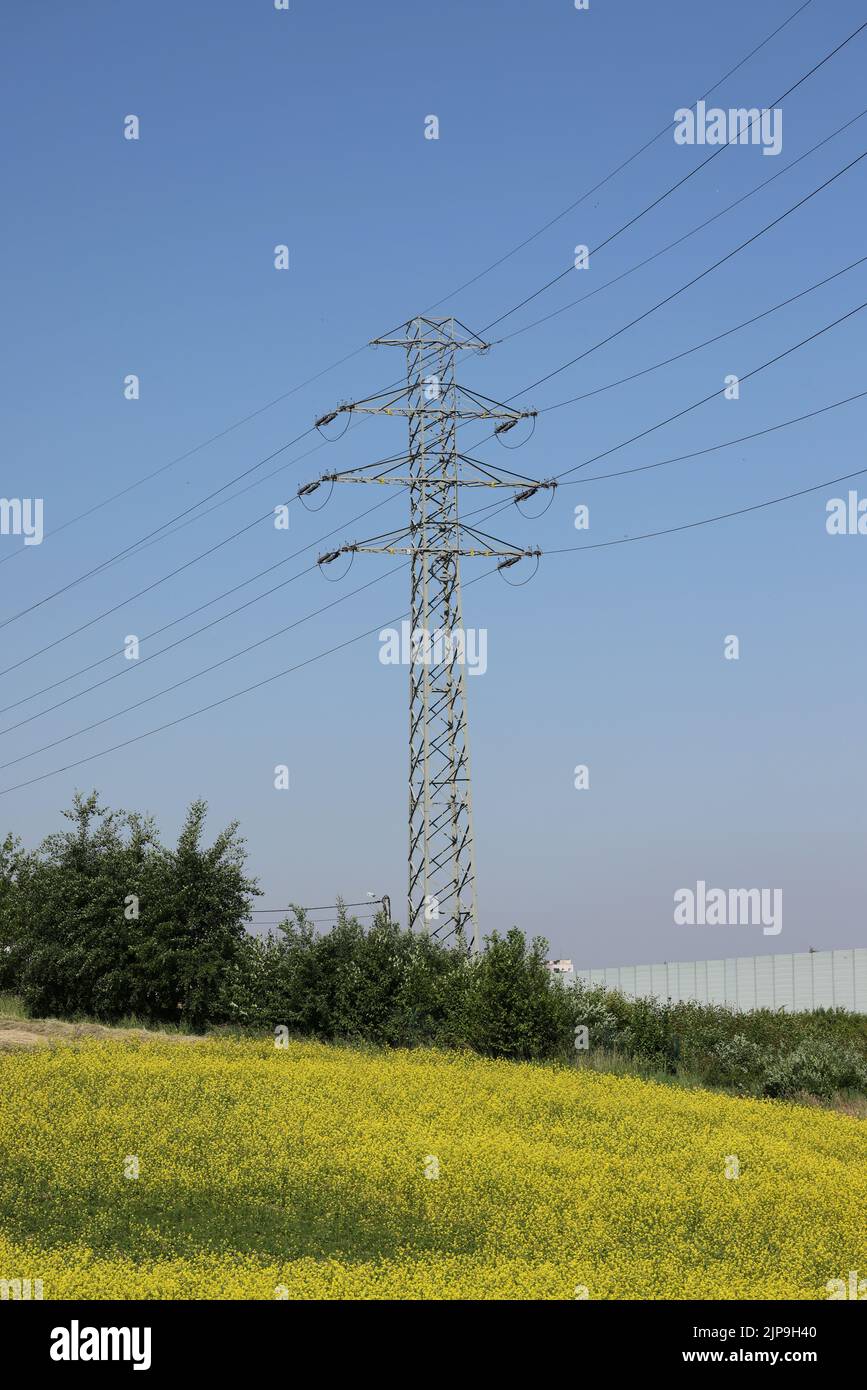 high voltage power pole and lines against the blue sky Stock Photo - Alamy