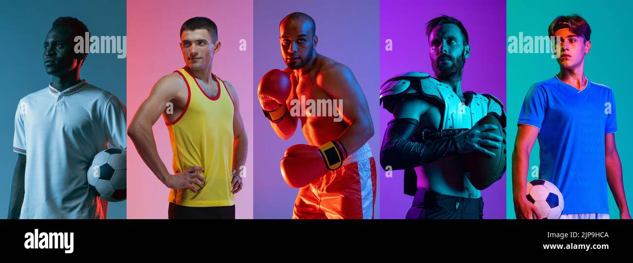 Collage. Portraits of professional athletes of different sports posing, training isolated over multicolored background in neon lights Stock Photo