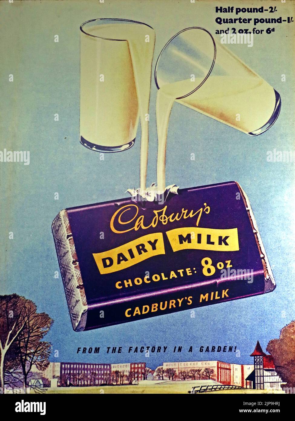 Bournville Birmingham Cadbury Dairy Milk Chocolate advert - From the factory in a garden - 8oz for 6d in old British money Stock Photo