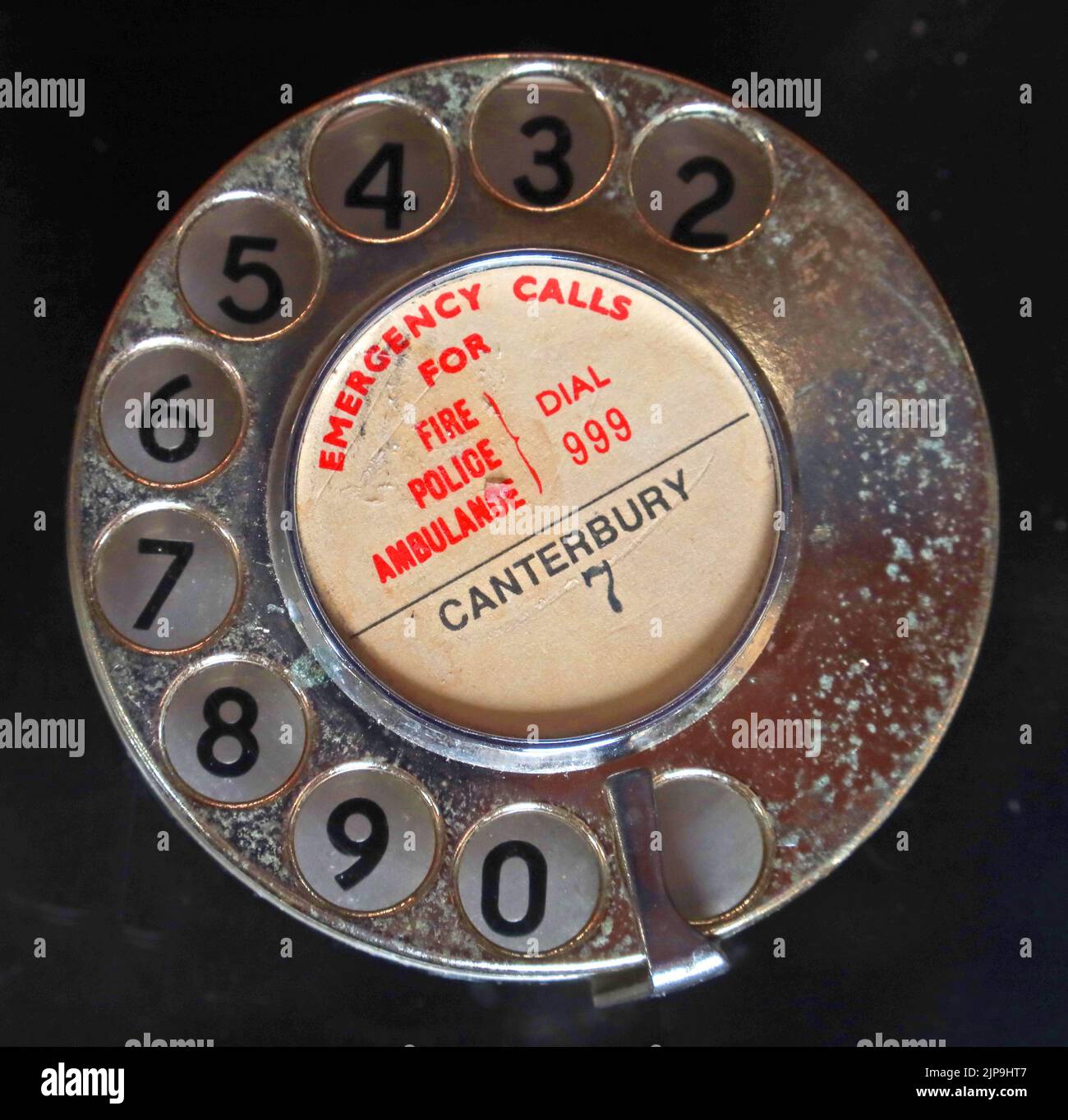 Rotary telephone dial, Emergency Calls, for Fire, Police, Ambulance, Dial 999, Canterbury 7 Stock Photo