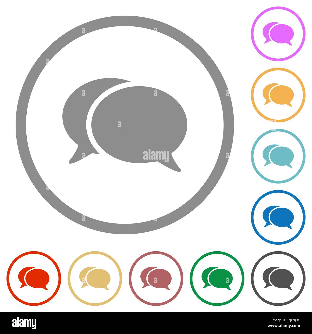 Two oval chat bubbles solid flat color icons in round outlines on white background Stock Vector