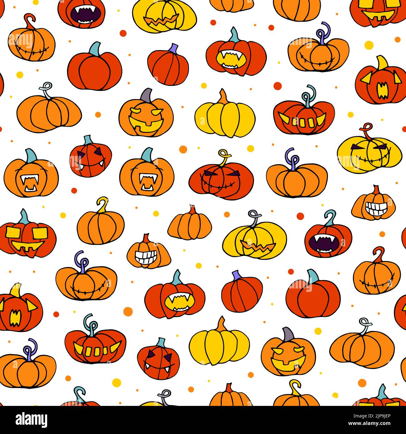 Seamless halloween scary orange pumpkins pattern. Funny, creepy, smiling face on white dot backgrounds. Doodle Autumn character. Happy Halloween symbo Stock Vector