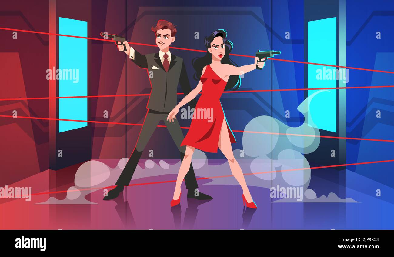 Secret special agents illustration. Spy couple with guns in room with lasers, man and woman undercover special agent, formal suit and red dress Stock Vector