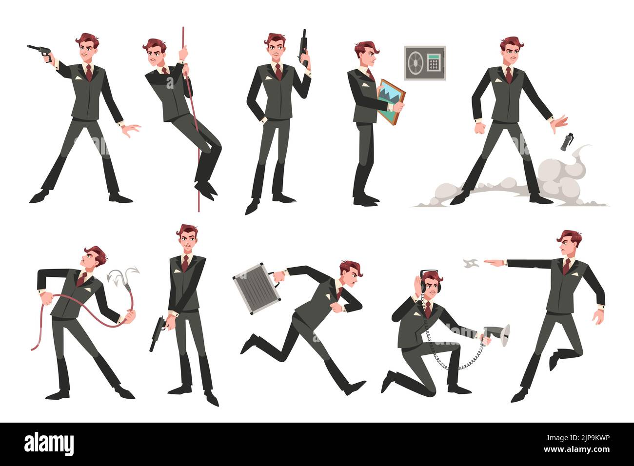 Spy secret agent. Elegant character, undercover special detective or policeman, various professional actions, man in formal suit with gun, runs and Stock Vector