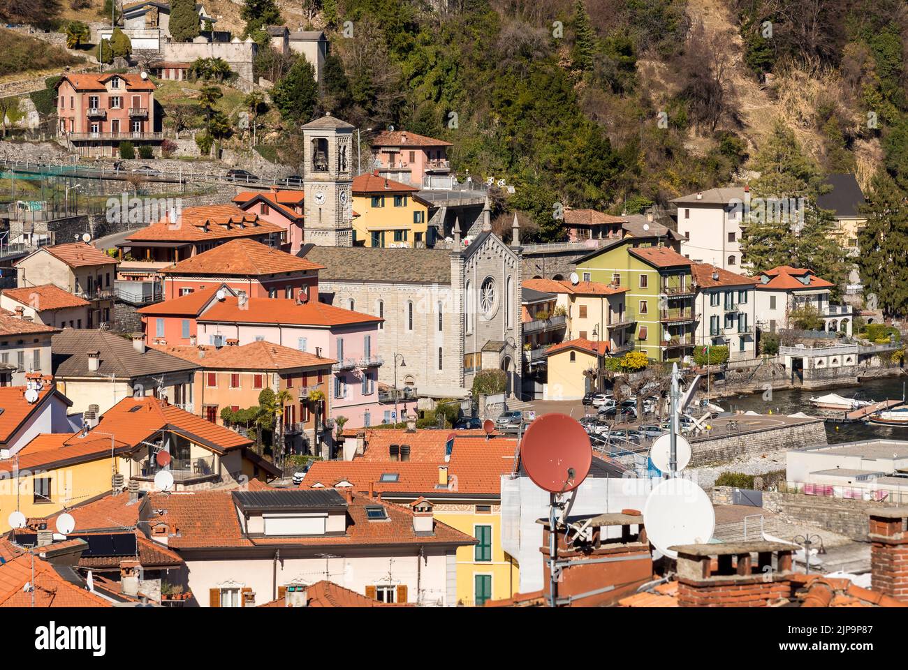 View on the Argegno village with the Holy Trinity Church, province of Como, Lombardy, Italy Stock Photo