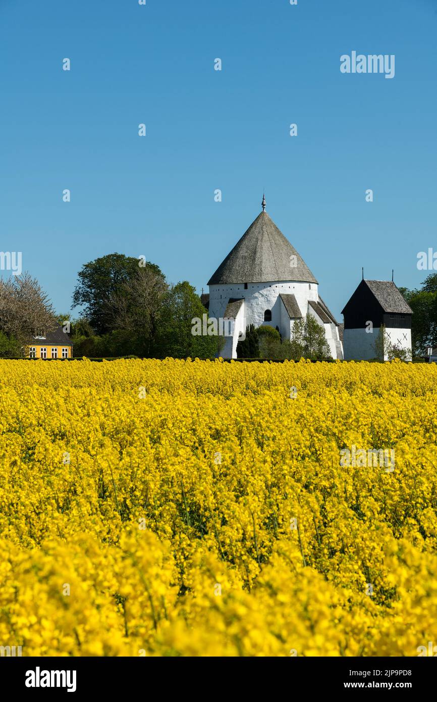 Østerlars Round Church in spring is the largest round church on Bornholm, Denmark Stock Photo