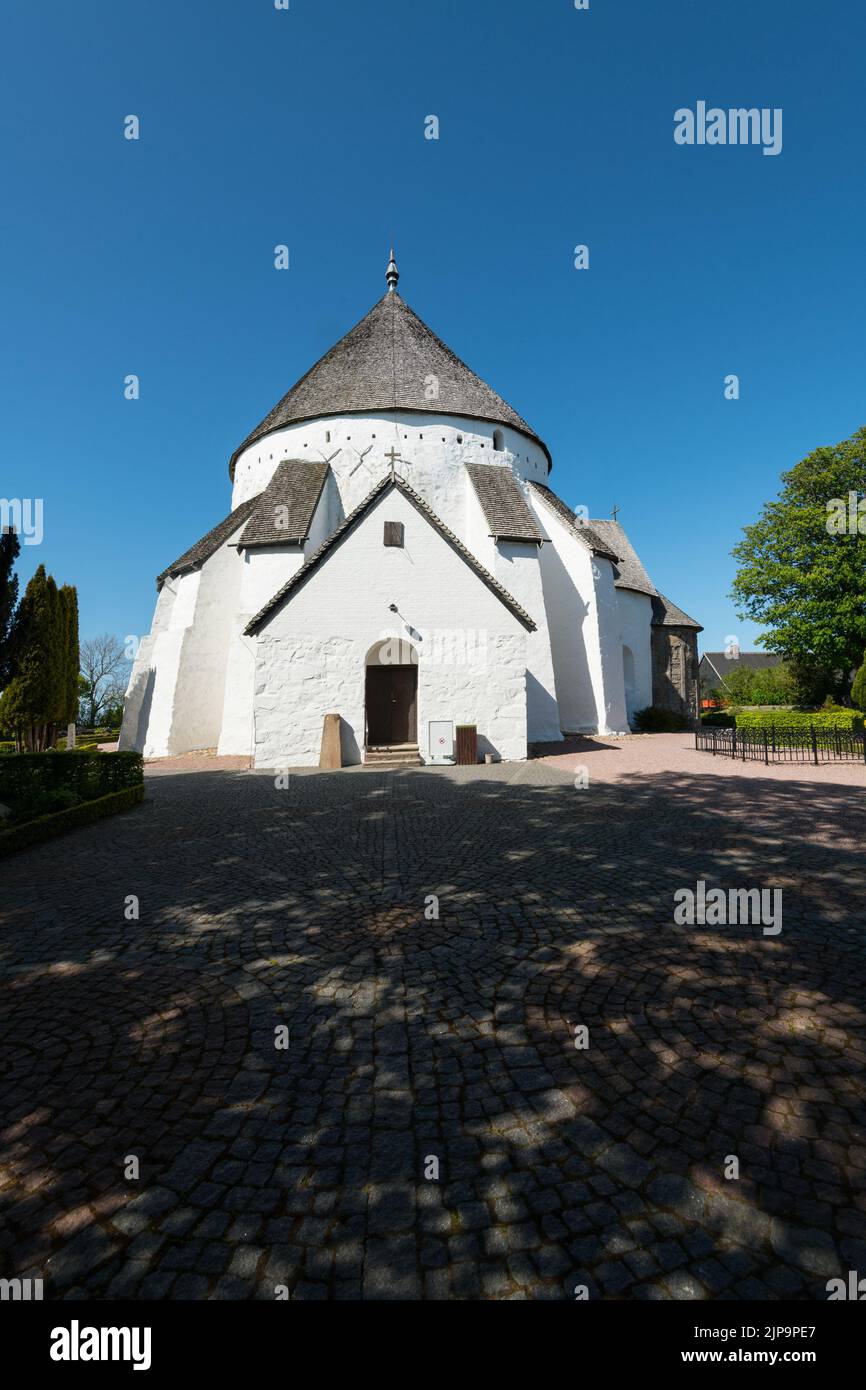 Østerlars Round Church in spring is the largest round church on Bornholm, Denmark Stock Photo