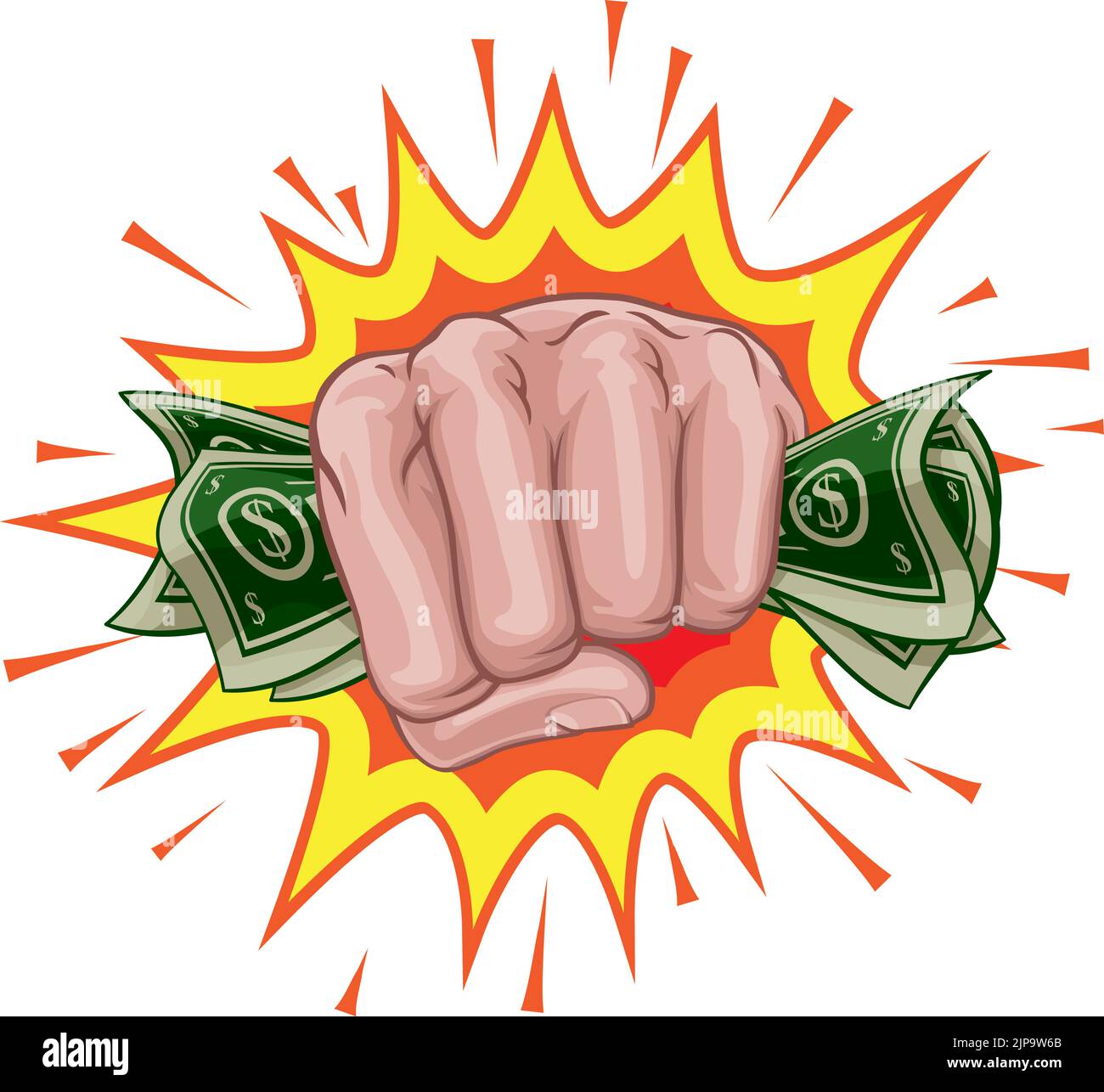 A hand in a fist squeezing cash money dollar bills. In a comic book pop art cartoon illustration style. With an explosion in the background Stock Vector