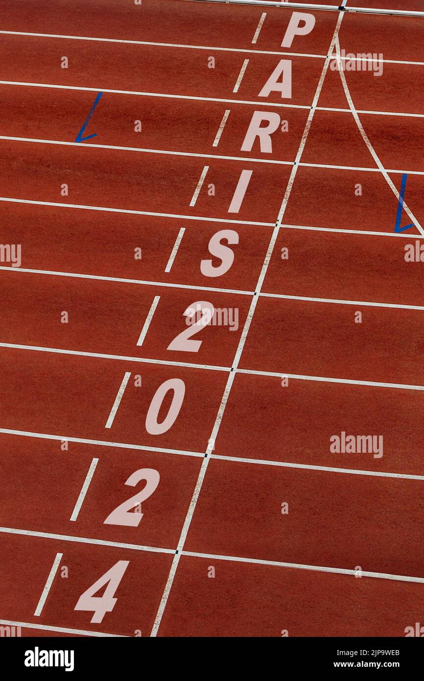finish line running track stadium with title Paris 2025 Stock Photo Alamy