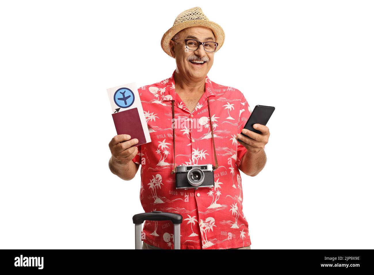 Mature male tourist holding a passport and a plane ticket and using a smartphone isolated on white background Stock Photo