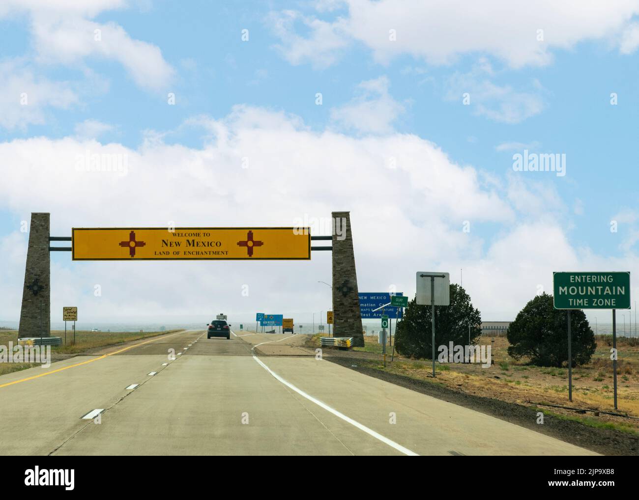 traveling from Texas into New Mexico on route I-40.  Coming up to the Welcome to New Mexico State sign. Stock Photo